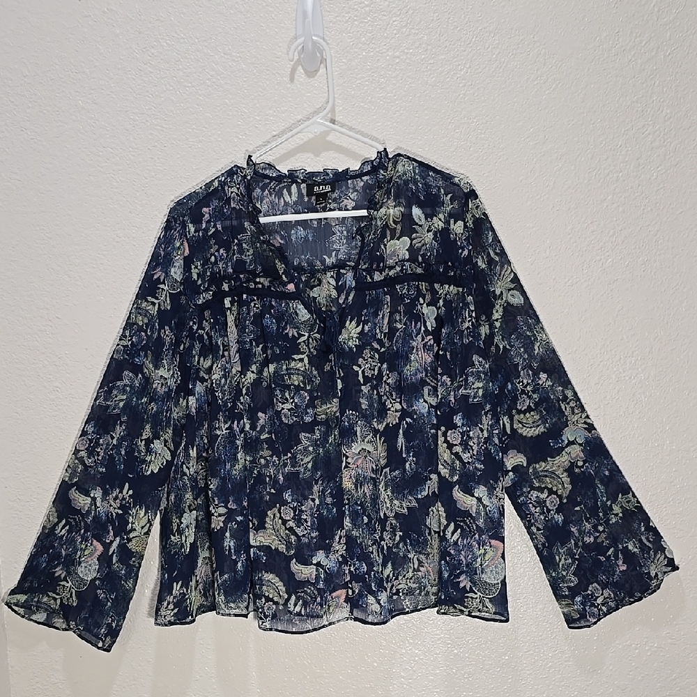 3/$15 A.N.A A New Approach - Women's Blue Flowy Sheer Long Sleeve Large